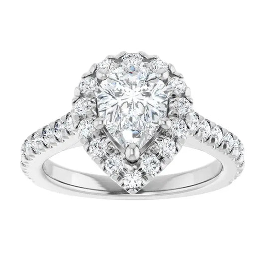 14K White Gold 1.14 CTW Pear Cut Halo Diamond Engagement Ring with Pavé Band-
