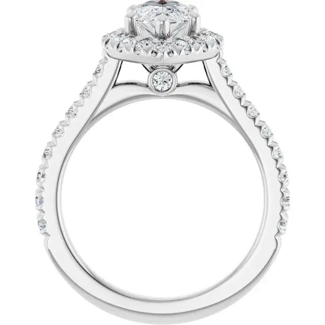 14K White Gold 1.14 CTW Pear Cut Halo Diamond Engagement Ring with Pavé Band-