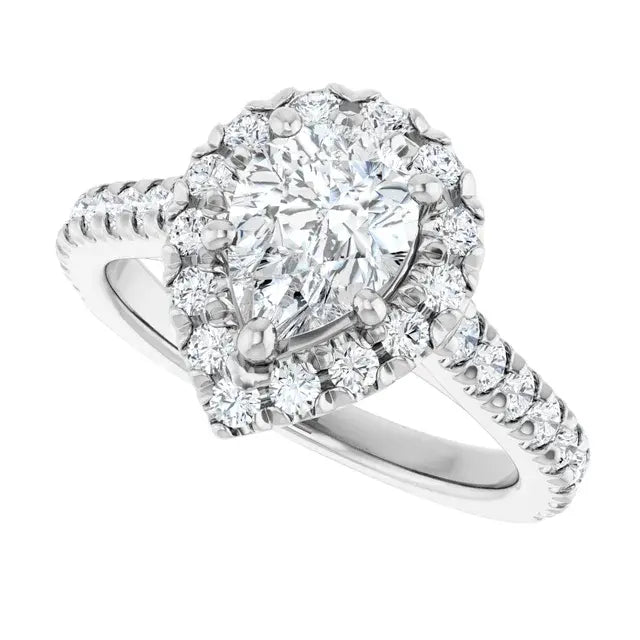14K White Gold 1.14 CTW Pear Cut Halo Diamond Engagement Ring with Pavé Band-