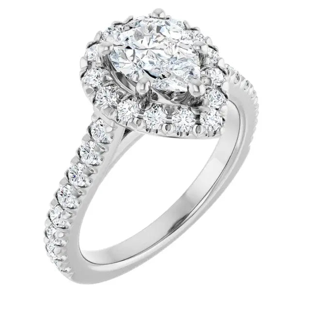 14K White Gold 1.14 CTW Pear Cut Halo Diamond Engagement Ring with Pavé Band-