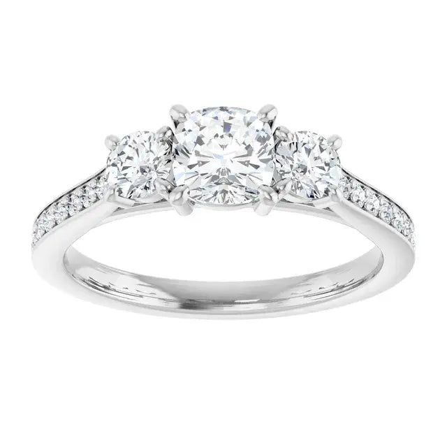 14K White Gold 1.16 CTW Cushion-Cut Diamond Engagement Ring with a Three-Stone Setting and Pavé Band-