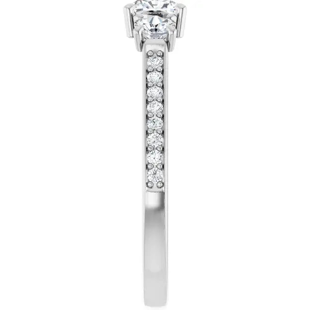 14K White Gold 1.16 CTW Cushion-Cut Diamond Engagement Ring with a Three-Stone Setting and Pavé Band-