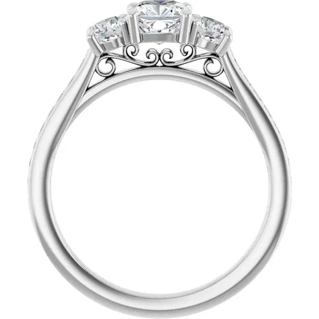 14K White Gold 1.16 CTW Cushion-Cut Diamond Engagement Ring with a Three-Stone Setting and Pavé Band-