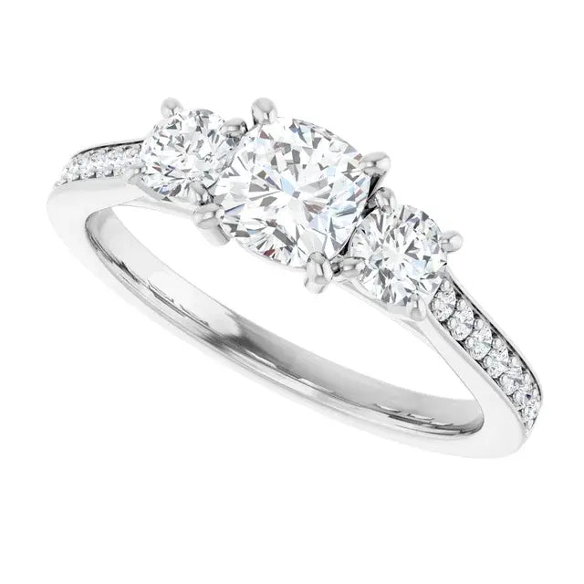 14K White Gold 1.16 CTW Cushion-Cut Diamond Engagement Ring with a Three-Stone Setting and Pavé Band-