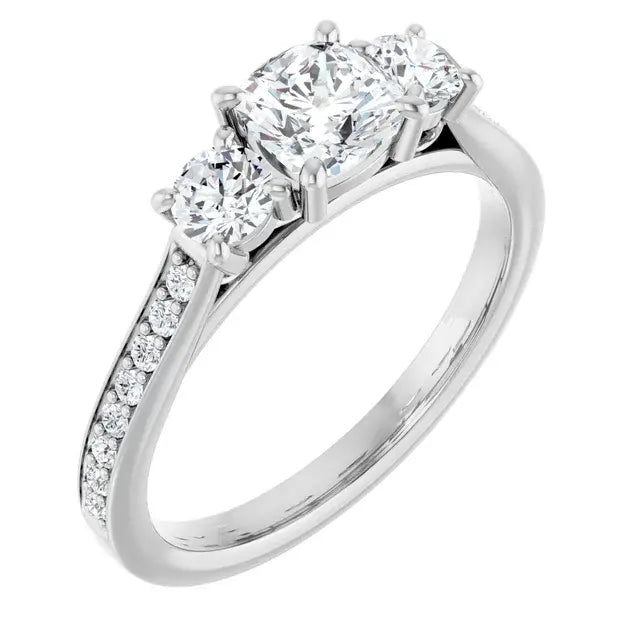 14K White Gold 1.16 CTW Cushion-Cut Diamond Engagement Ring with a Three-Stone Setting and Pavé Band-