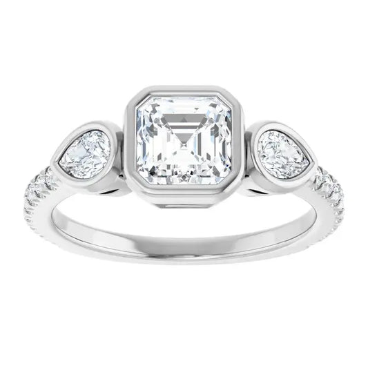 14K White Gold 1 1/2 CTW Asscher-Cut Diamond Three-Stone Engagement Ring with Bezel-Set Pear Accents and Pavé Band