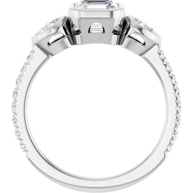 14K White Gold 1 1/2 CTW Asscher-Cut Diamond Three-Stone Engagement Ring with Bezel-Set Pear Accents and Pavé Band