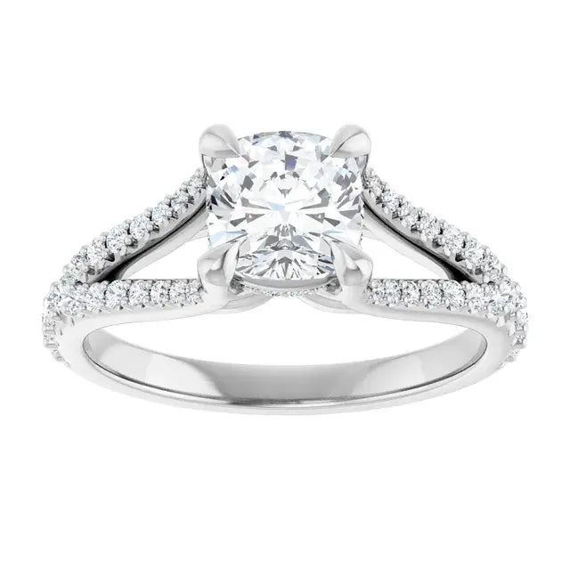 14K White Gold 1 1/2 CTW Cushion-Cut Diamond Engagement Ring with Split Shank and Pave Diamond Accents