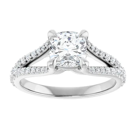14K White Gold 1 1/2 CTW Cushion-Cut Diamond Engagement Ring with Split Shank and Pave Diamond Accents