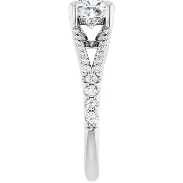 14K White Gold 1 1/2 CTW Cushion-Cut Diamond Engagement Ring with Split Shank and Pave Diamond Accents