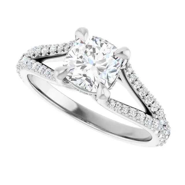 14K White Gold 1 1/2 CTW Cushion-Cut Diamond Engagement Ring with Split Shank and Pave Diamond Accents