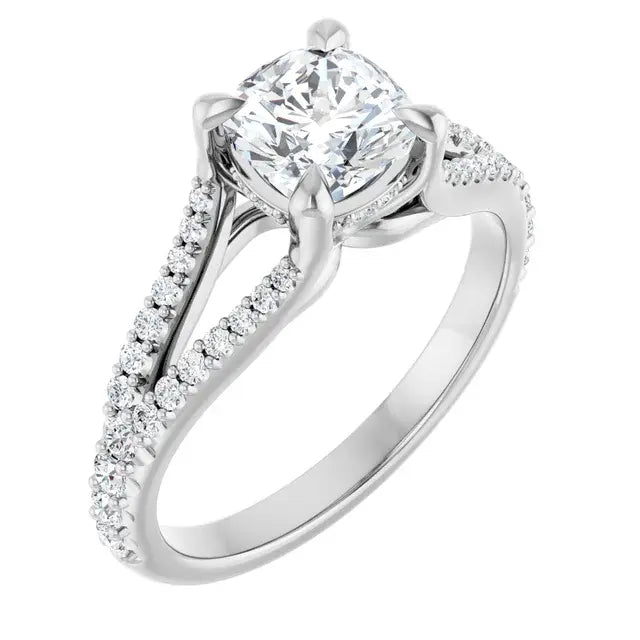 14K White Gold 1 1/2 CTW Cushion-Cut Diamond Engagement Ring with Split Shank and Pave Diamond Accents