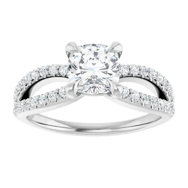 14K White Gold 1 1/2 CTW Cushion-Cut Diamond Engagement Ring with Split Shank and Pave-Set Accents