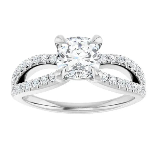 14K White Gold 1 1/2 CTW Cushion-Cut Diamond Engagement Ring with Split Shank and Pave-Set Accents
