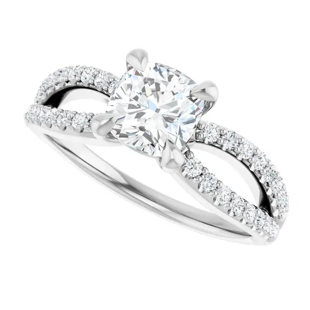14K White Gold 1 1/2 CTW Cushion-Cut Diamond Engagement Ring with Split Shank and Pave-Set Accents
