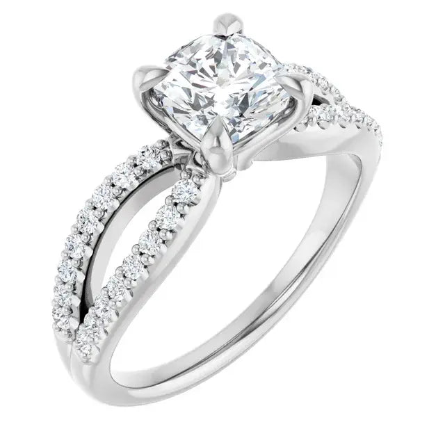 14K White Gold 1 1/2 CTW Cushion-Cut Diamond Engagement Ring with Split Shank and Pave-Set Accents
