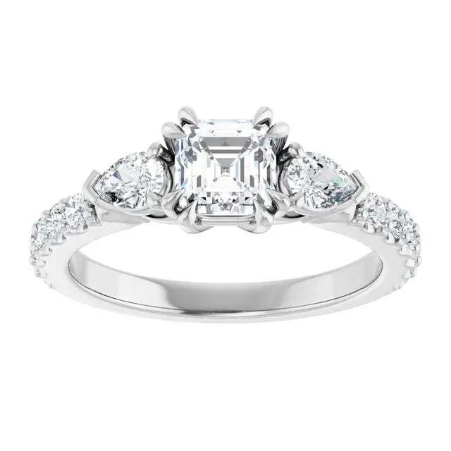14K White Gold 1 1/3 CTW Asscher-Cut Diamond Three-Stone Engagement Ring with Pear Accents and Pavé Band