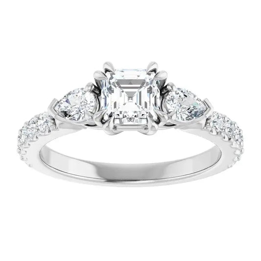 14K White Gold 1 1/3 CTW Asscher-Cut Diamond Three-Stone Engagement Ring with Pear Accents and Pavé Band