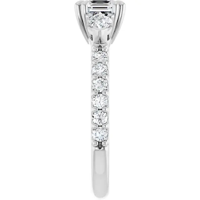 14K White Gold 1 1/3 CTW Asscher-Cut Diamond Three-Stone Engagement Ring with Pear Accents and Pavé Band