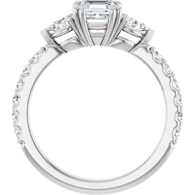 14K White Gold 1 1/3 CTW Asscher-Cut Diamond Three-Stone Engagement Ring with Pear Accents and Pavé Band