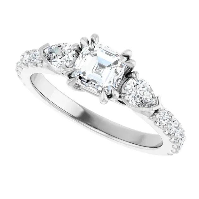 14K White Gold 1 1/3 CTW Asscher-Cut Diamond Three-Stone Engagement Ring with Pear Accents and Pavé Band