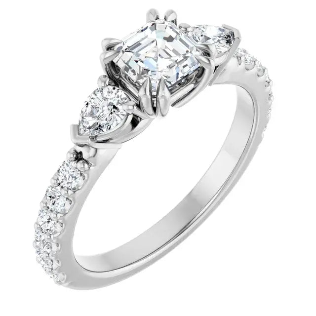 14K White Gold 1 1/3 CTW Asscher-Cut Diamond Three-Stone Engagement Ring with Pear Accents and Pavé Band