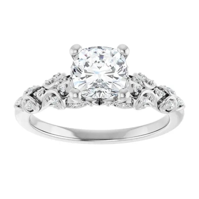 14K White Gold 1 1/3 CTW Cushion-Cut Diamond Engagement Ring with Vintage Leaf and Milgrain Accents