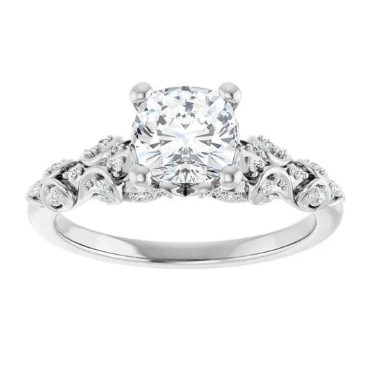 14K White Gold 1 1/3 CTW Cushion-Cut Diamond Engagement Ring with Vintage Leaf and Milgrain Accents