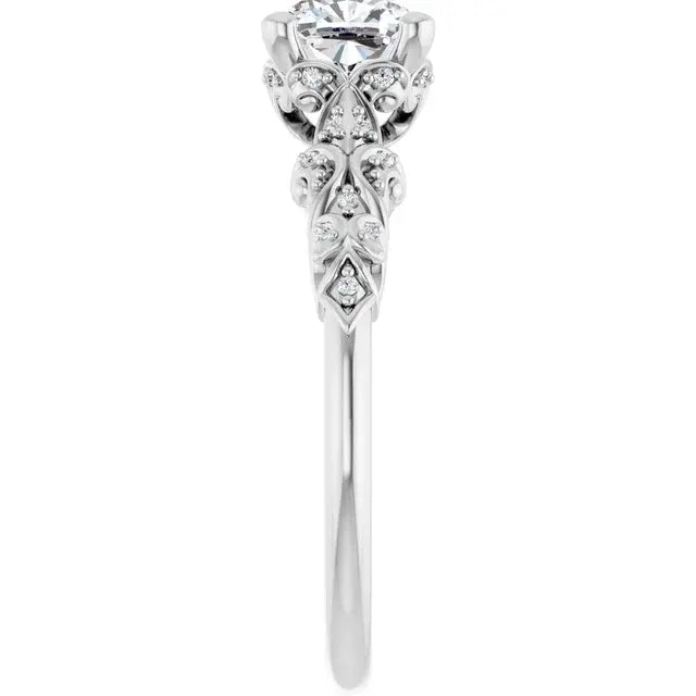 14K White Gold 1 1/3 CTW Cushion-Cut Diamond Engagement Ring with Vintage Leaf and Milgrain Accents