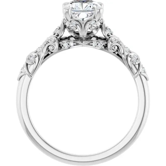 14K White Gold 1 1/3 CTW Cushion-Cut Diamond Engagement Ring with Vintage Leaf and Milgrain Accents