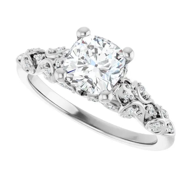 14K White Gold 1 1/3 CTW Cushion-Cut Diamond Engagement Ring with Vintage Leaf and Milgrain Accents