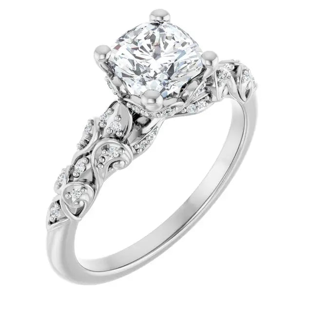 14K White Gold 1 1/3 CTW Cushion-Cut Diamond Engagement Ring with Vintage Leaf and Milgrain Accents