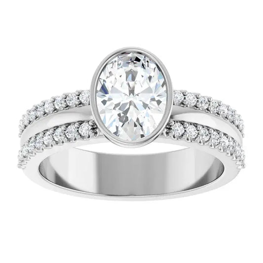 14K White Gold 1 1/4 CTW Oval-Cut Diamond Engagement Ring with Bezel Setting and Double Pavé Band