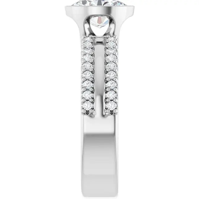 14K White Gold 1 1/4 CTW Oval-Cut Diamond Engagement Ring with Bezel Setting and Double Pavé Band