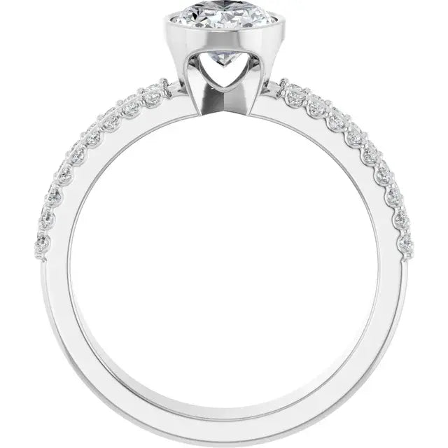 14K White Gold 1 1/4 CTW Oval-Cut Diamond Engagement Ring with Bezel Setting and Double Pavé Band