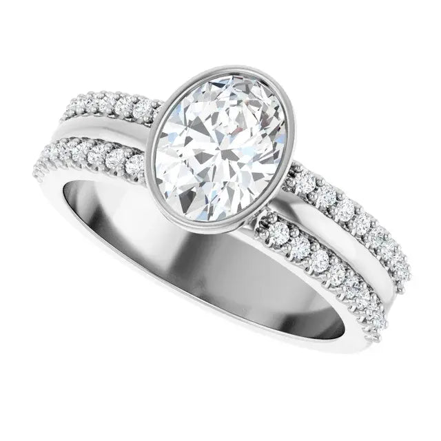14K White Gold 1 1/4 CTW Oval-Cut Diamond Engagement Ring with Bezel Setting and Double Pavé Band