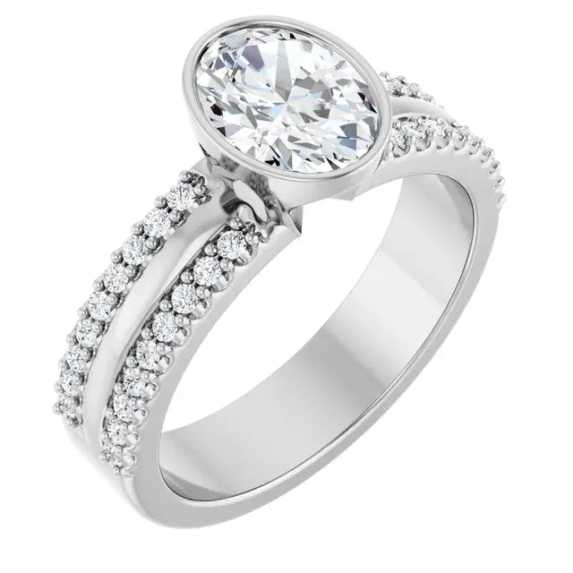 14K White Gold 1 1/4 CTW Oval-Cut Diamond Engagement Ring with Bezel Setting and Double Pavé Band