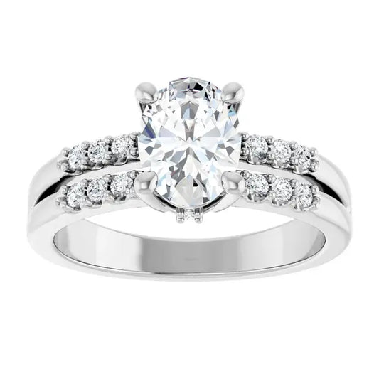 14K White Gold 1 1/5 CTW Oval-Cut Diamond Engagement Ring with Split Shank and Pavé Accents