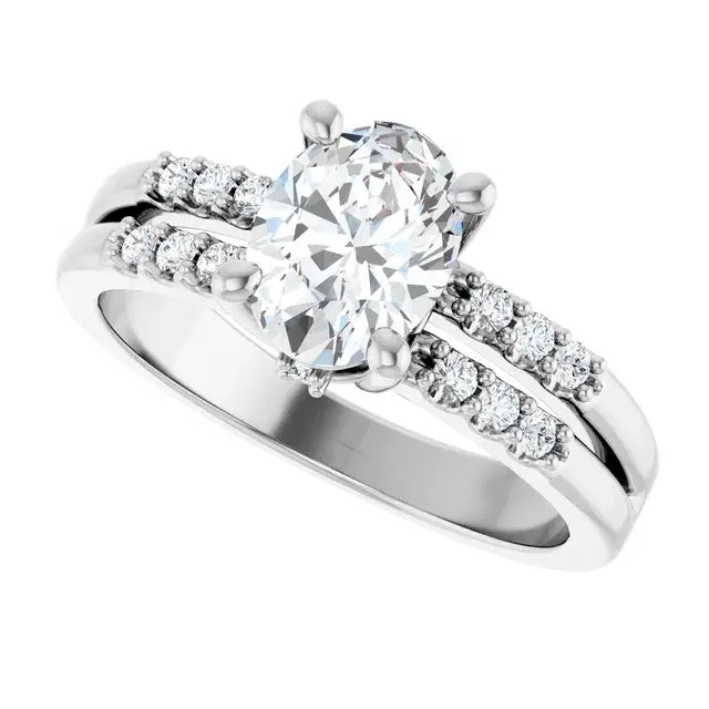 14K White Gold 1 1/5 CTW Oval-Cut Diamond Engagement Ring with Split Shank and Pavé Accents