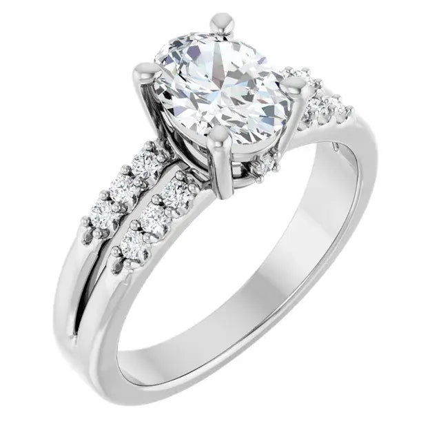14K White Gold 1 1/5 CTW Oval-Cut Diamond Engagement Ring with Split Shank and Pavé Accents