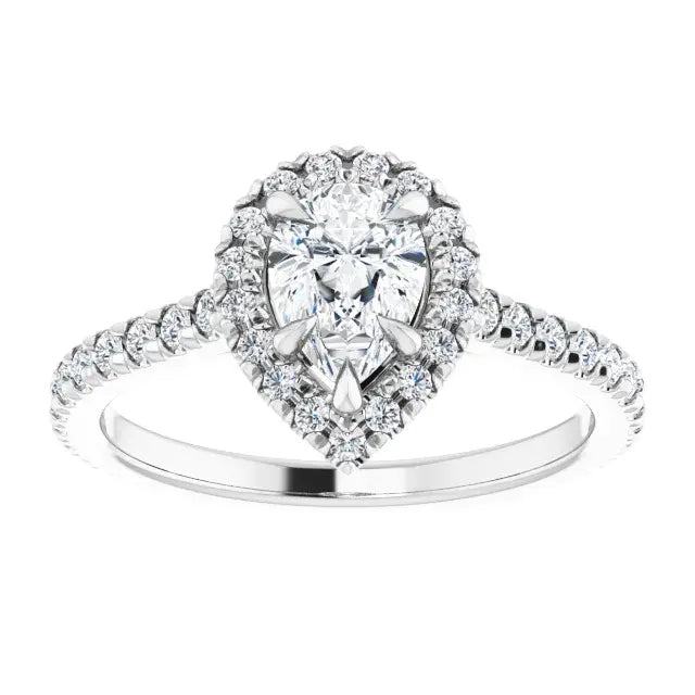 14K White Gold 1 1/5 CTW Pear-Shaped Diamond Halo Engagement Ring with Claw Prongs and Pavé Band