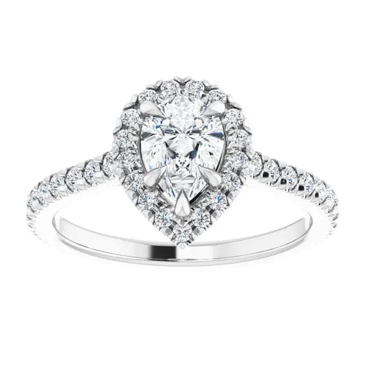14K White Gold 1 1/5 CTW Pear-Shaped Diamond Halo Engagement Ring with Claw Prongs and Pavé Band