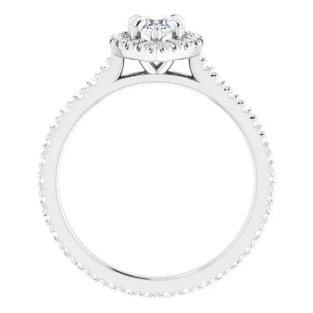 14K White Gold 1 1/5 CTW Pear-Shaped Diamond Halo Engagement Ring with Claw Prongs and Pavé Band