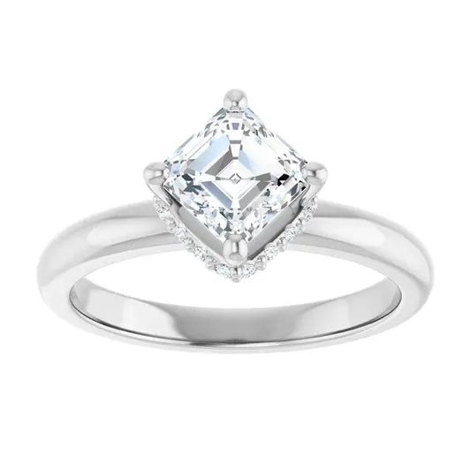 14K White Gold 1 CTW Asscher-Cut Diamond Engagement Ring with Split Shank and Round Halo Accents
