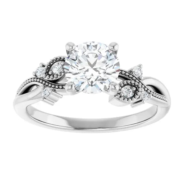 14K White Gold 1 1/8 CTW Round-Cut Diamond Engagement Ring with Vintage Milgrain and Leaf Accents