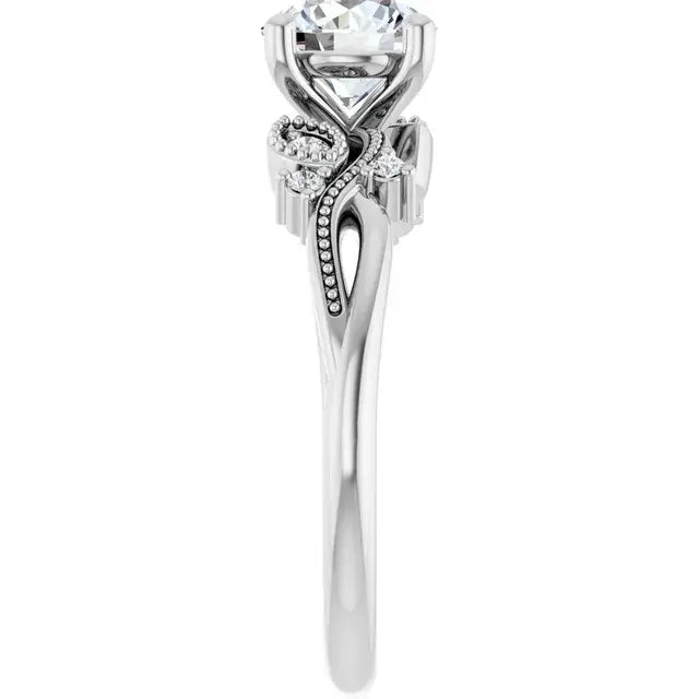 14K White Gold 1 1/8 CTW Round-Cut Diamond Engagement Ring with Vintage Milgrain and Leaf Accents