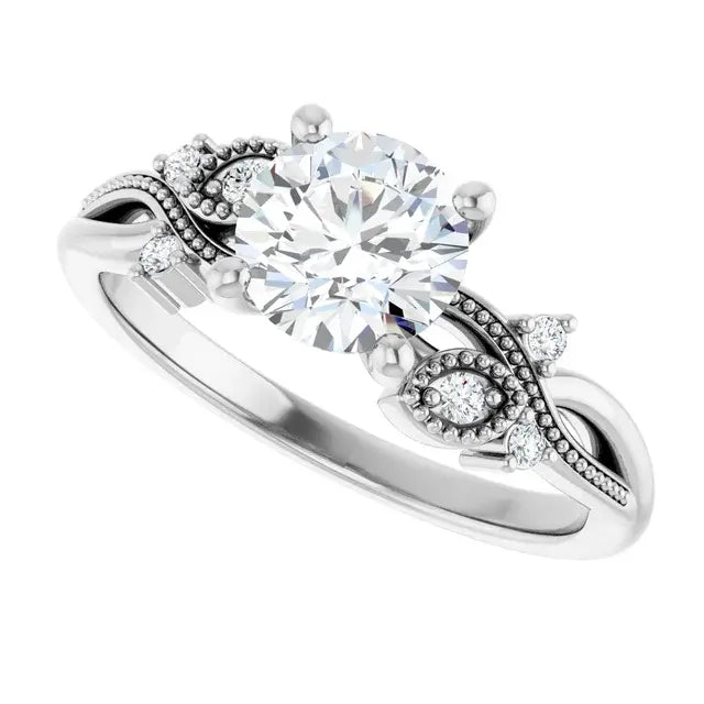 14K White Gold 1 1/8 CTW Round-Cut Diamond Engagement Ring with Vintage Milgrain and Leaf Accents