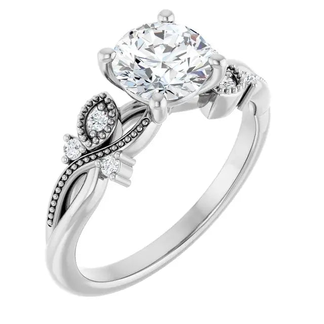 14K White Gold 1 1/8 CTW Round-Cut Diamond Engagement Ring with Vintage Milgrain and Leaf Accents