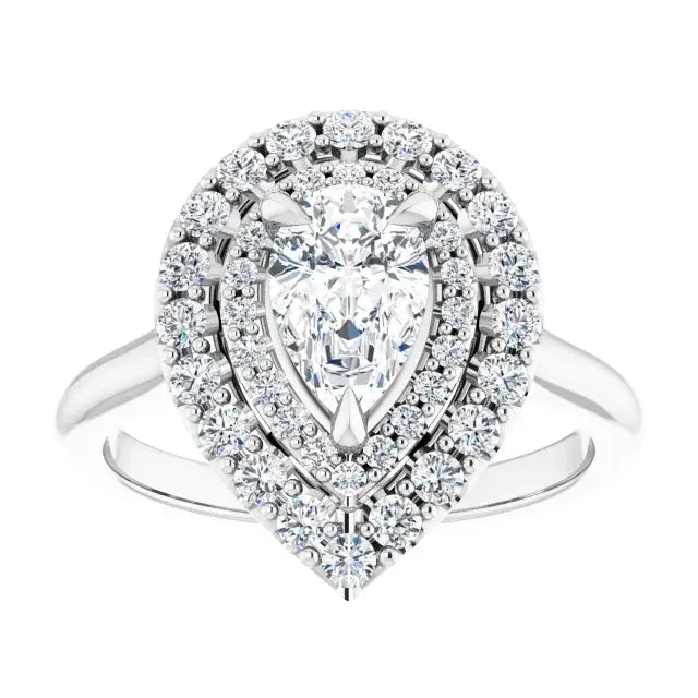 14K White Gold 1.20 CTW Pear Cut Double Halo Diamond Engagement Ring with Pavé Band-