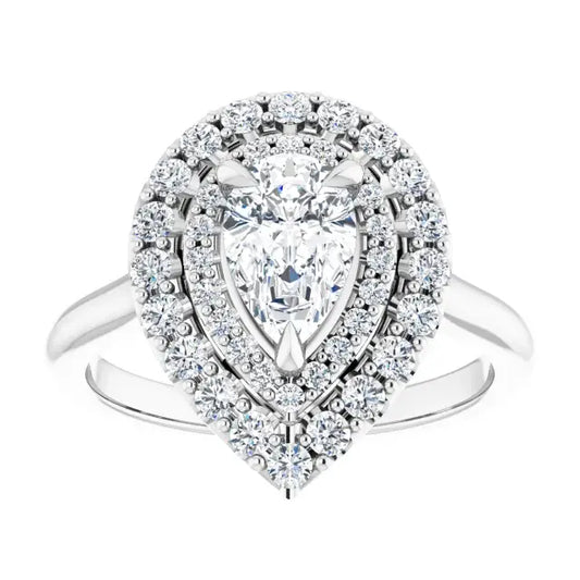14K White Gold 1.20 CTW Pear Cut Double Halo Diamond Engagement Ring with Pavé Band-